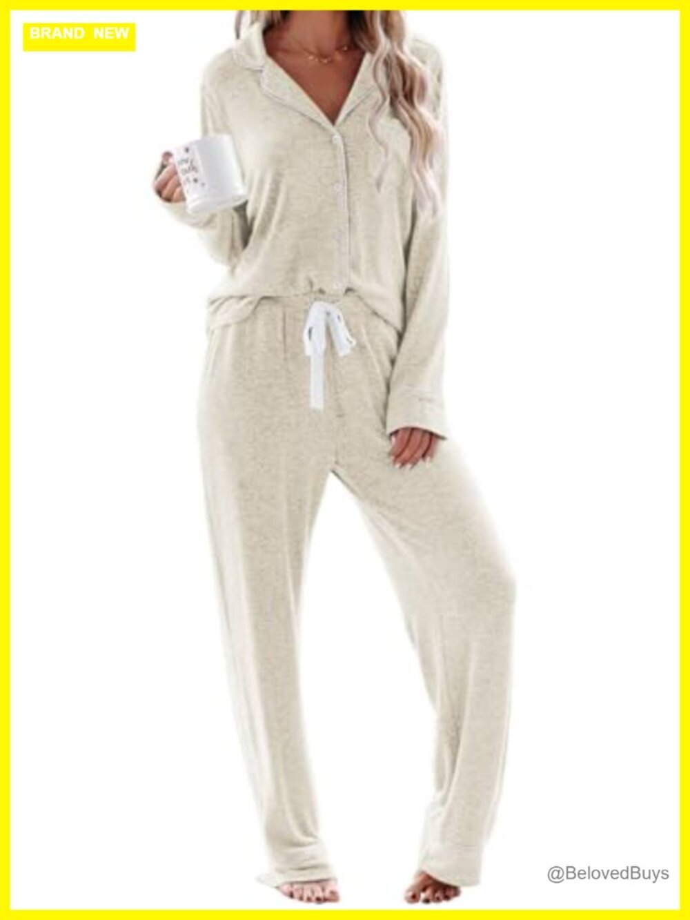 Women's Two-Piece Pajama Set Long Sleeve Button Down Top Elastic Waist Pants